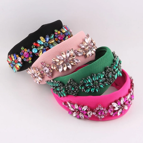 Luxury Padded Headband Rhinestone Flower Crystal Fabric Wide Hairband For Women Vintage Wedding Banquet Hair Accessories