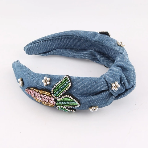 Fascia per Capelli in Denim Annodata per Donna Perline Fatte a Mano Strass Perla Artificiale Floreale Accessorio Capelli