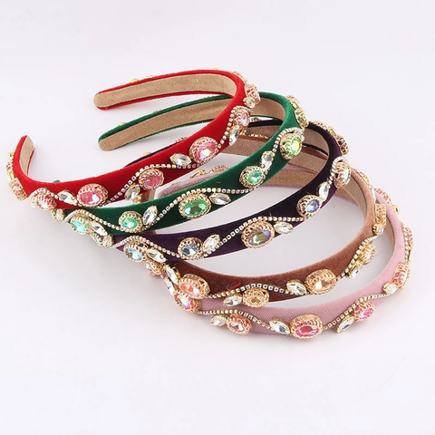 Vintage Velvet Wide Headband With Luxury Multi-color Rhinestones Palace Style Elegant Hair Hoop For Women Party Hair Accessories