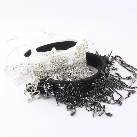 Diadema de Lujo con Borlas de Strass Flor de Encaje Barroco Novia Estilo Gótico Accesorios para el Cabello Mujer