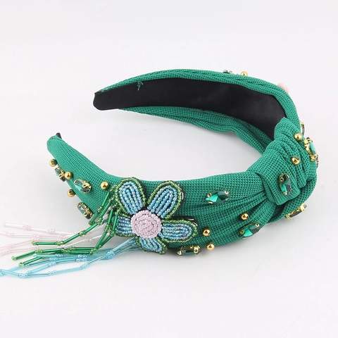 Luxury Fabric Flower Rhinestone Headband Bohemian Hand-Beaded Tassel Denim Knot Hair Band For Women Fashion Hair Accessories