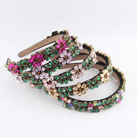 Diadema Barroca de Flores con Strass para Mujer Vintage Lujo Cristal Floral Banda para el Cabello Antideslizante Accesorios de Moda