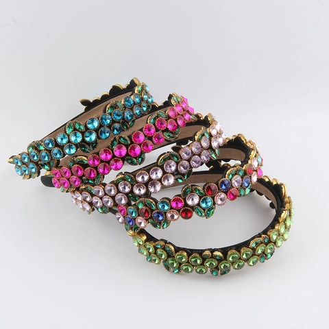 Baroque Wide Headband Colorful Rhinestone Padded Hairband Vintage Luxury Crystal Inlaid Hair Hoop Women Party Accessory