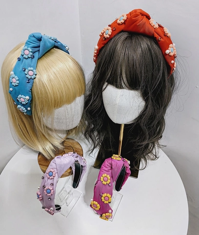 Cerchietto in Tessuto Largo Annodato da Donna con Fiori 3D Perle Artificiali Strass Accessori per Capelli Eleganti e Dolci