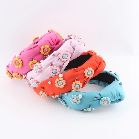 Cerchietto in Tessuto Largo Annodato da Donna con Fiori 3D Perle Artificiali Strass Accessori per Capelli Eleganti e Dolci