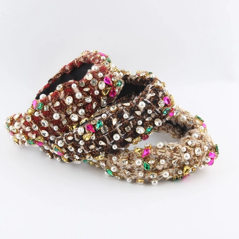 Mode Tweed Geknotet Breit Haarreif Mit Strass Und Künstlichen Perlen Vintage Gepolstertes Stirnband Für Damen Haarschmuck
