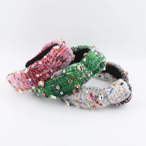 Women Wide Knotted Fabric Rhinestone Headband Padded Tweed Plaid Hairband With Artificial Pearl Retro Fashion Hair Accessories