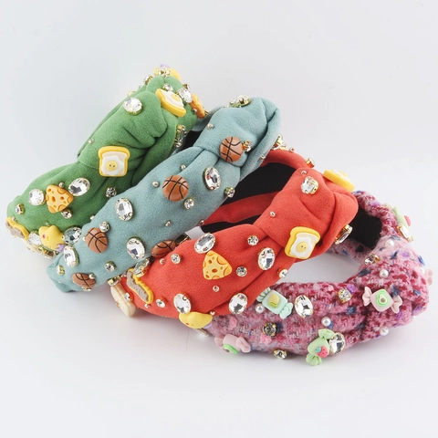 Cerchietto a Nodo Largo in Tessuto alla Moda per Donna Con Strass Colorati e Simpatici Ciondoli in Resina Cibo Accessori Capelli