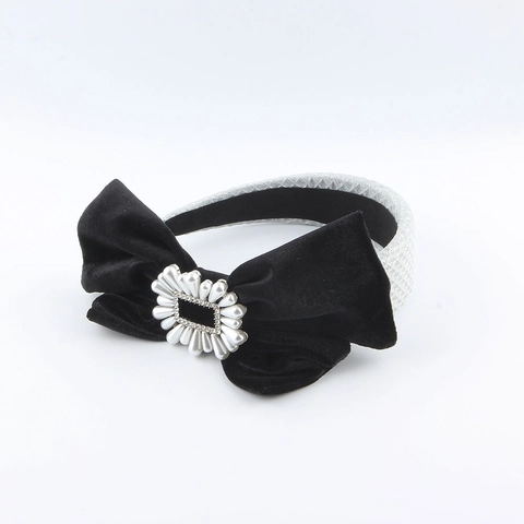 Vintage Velvet Bowknot Headband With Artificial Pearl Rhinestone Silver Grid Pattern Fabric Hairband For Women Elegant Party Hair Accessories