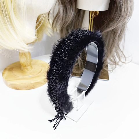 Cerchietto Barocco di Lusso in Peluche con Strass e Nappa per Donna Elegante Cerchietto in Pelliccia Artificiale e Spugna Accessori Capelli