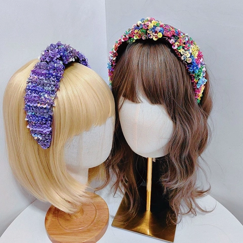 Cerchietto Largo con Paillettes Colorate da Donna Cerchietto Imbottito con Perle di Cristallo Artificiale Fatto a Mano Accessorio per Capelli