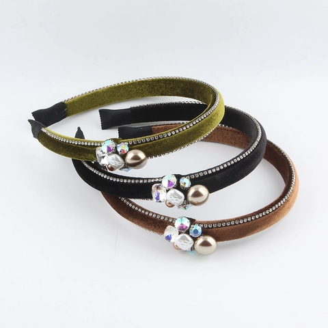 Vintage Velvet Rhinestone Headband For Women Luxury Artificial Pearl Padded Hairband Retro Solid Color Hair Hoop Fashion Hair Accessories