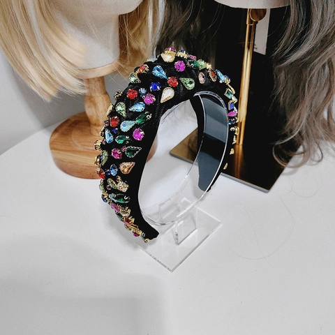 Cerchietto a Tesa Larga Barocco Vintage per Donna Lussuoso Strass Multicolore in Tessuto Fascia per Capelli Cristallo Colorato Gioielli