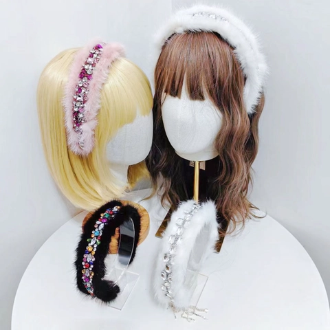 Luxury Rhinestone Faux Fur Headband For Women Elegant Plush Artificial Mink Hair Hoop Padded Wide Fashion Hair Accessories