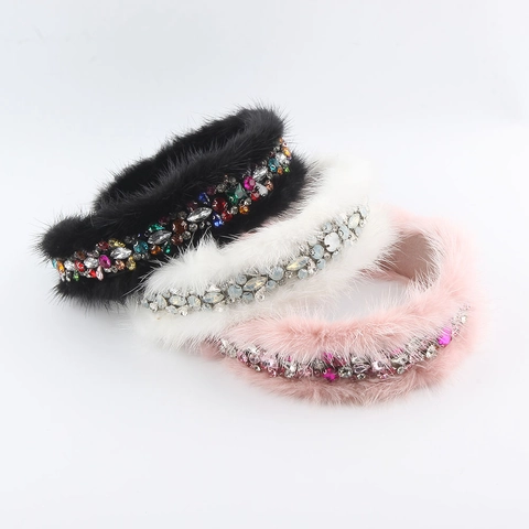 Luxury Rhinestone Faux Fur Headband For Women Elegant Plush Artificial Mink Hair Hoop Padded Wide Fashion Hair Accessories