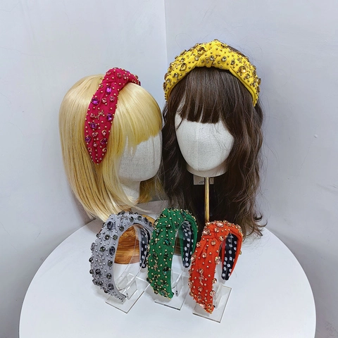 Cerchietto a Nodo con Perline e Strass Vintage Fascia in Velluto Imbottita in Tessuto a Bordo Largo per Matrimonio Festa Donna