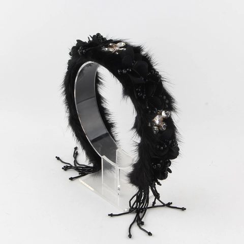 Cerchietto Barocco di Lusso in Peluche con Strass e Nappa per Donna Elegante Cerchietto in Pelliccia Artificiale e Spugna Accessori Capelli