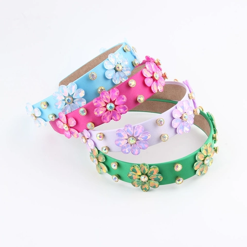 Bohemian Colorful Rhinestone Flower Headband For Women Sweet Floral Crystal Hairband Handmade Fabric Wrapped Party Hairband