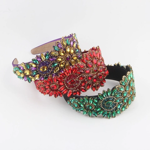 Baroque Vintage Rhinestone Flower Wide Headband For Women Luxury Crystal Embellished Hair Band Party Wedding Hair Accessories