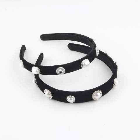 Cerchietto Largo in Velluto Nero Vintage Con Künstliche Perle Sintetiche e Strass Stile Francese Elegante Fascia per Capelli Donna Accessori