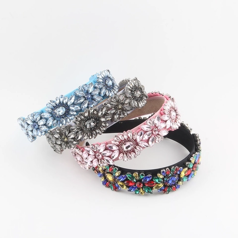 Cerchietto Barocco Vintage Lussuoso con Fiori di Strass Imbottito Bordo Largo Cristallo Tessuto Accessorio per Capelli Matrimonio Banchetto Donna Gioielli