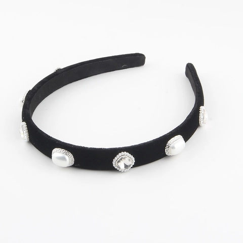Cerchietto Largo in Velluto Nero Vintage Con Künstliche Perle Sintetiche e Strass Stile Francese Elegante Fascia per Capelli Donna Accessori