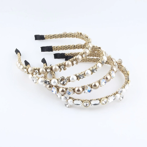 Vintage Elegant Braided Gold Headband With Faux Artificial Pearls Rhinestones For Women Korean Style Daily Party Hair Accessories