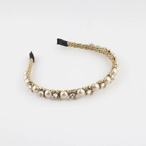 Vintage Elegant Braided Gold Headband With Faux Artificial Pearls Rhinestones For Women Korean Style Daily Party Hair Accessories