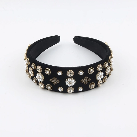 Vintage Baroque Camellia Artificial Pearl Velvet Wide Headband For Women Luxury Rhinestone Palace Style Elegant Hair Accessories