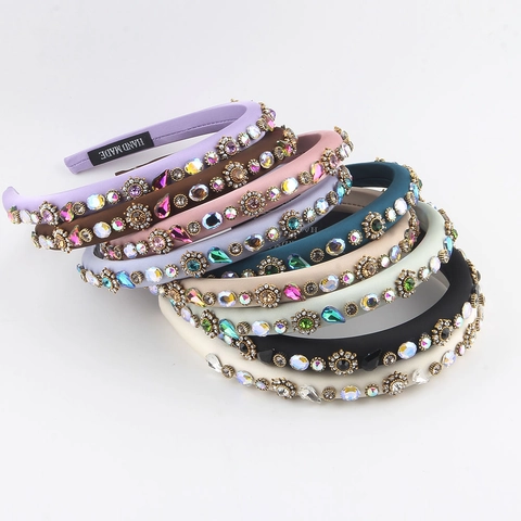 French Vintage Rhinestone Padded Headband For Women Handmade Colorful Crystal Floral Hair Band Elegant Hair Accessory