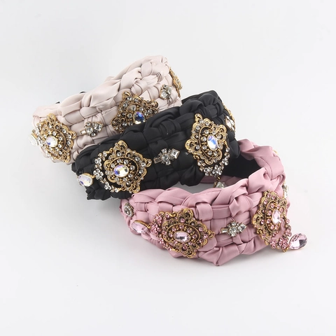 Vintage Barock Geflochtenes Satin Haarband Mit Metallblume Strass Luxuriöser Gepolstertes Stirnband Für Damen Party Schmuck