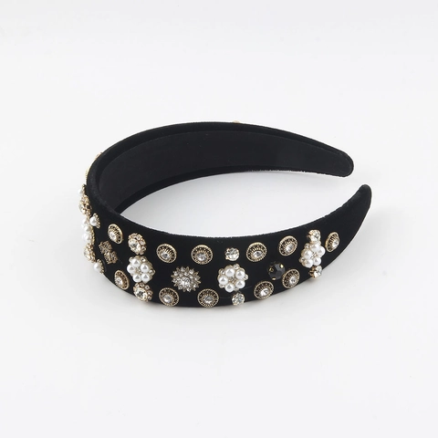Vintage Baroque Camellia Artificial Pearl Velvet Wide Headband For Women Luxury Rhinestone Palace Style Elegant Hair Accessories