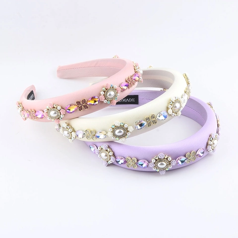 Cerchietto Imbottito Barocco per Donna in Raso con Strass e Künstliche Perle Sintetiche Decorazioni Floreali Accessorio Capelli Vintage