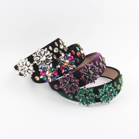 Diadema Acolchada de Strass Barroca Vintage para Mujer Banda para el Cabello de Terciopelo Ancha con Flores de Cristal