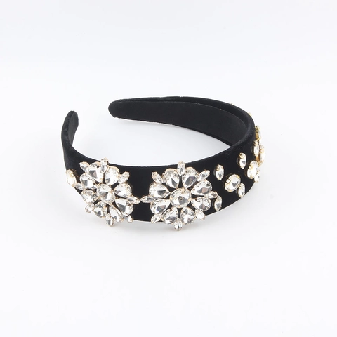 Diadema Acolchada de Strass Barroca Vintage para Mujer Banda para el Cabello de Terciopelo Ancha con Flores de Cristal