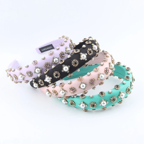Diadema Acolchada Barroca para Mujer Retro Lujo Strass Perla Artificial Ala Ancha Esponja Accesorio para el Cabello Hecho a Mano