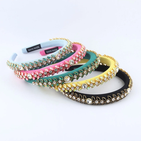 Luxury Rhinestone Padded Sponge Headband For Women Glitter Leaf Pattern Fabric Hair Hoop Elegant Handmade Hair Accessories