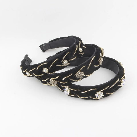 Cerchietto a Treccia in Velluto Imbottito Vintage Barocco Con Strass e Perle Artificiali Fascia per Capelli Larga Donna Accessorio Moda