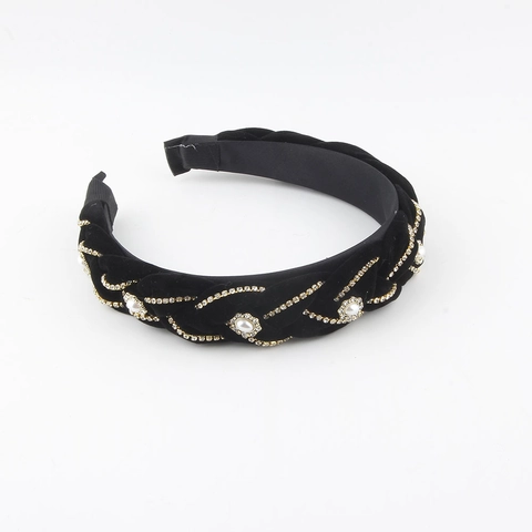 Cerchietto a Treccia in Velluto Imbottito Vintage Barocco Con Strass e Perle Artificiali Fascia per Capelli Larga Donna Accessorio Moda