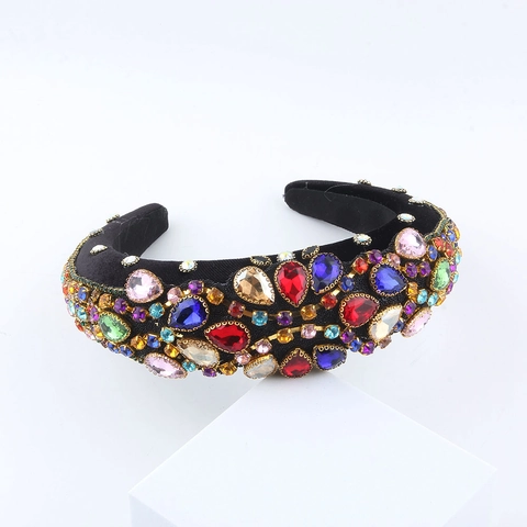 Cerchietto Imbottito in Stile Barocco per Donna di Lusso con Strass Multicolore Intarsiato in Tessuto Cerchietto Retrò Accessori per Capelli Larghi