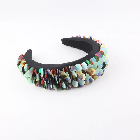 Cerchietto Imbottito in Spugna con Paillettes Colorate Bohemienne Fascia Larga in Tessuto Nero per Donna Accessori Capelli