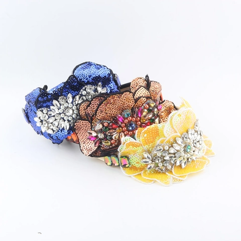 Baroque Vintage Wide Headband Rhinestone Artificial Pearl Sequin Flower Hair Hoop Luxurious Party Accessories For Women