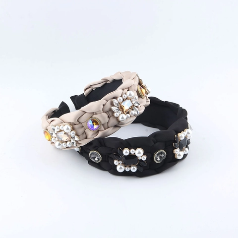 Cerchietto in Tessuto Intrecciato Retro da Donna Con Perle Artificiali Strass Fascia per Capelli Elegante Accessori