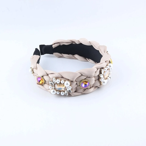 Cerchietto in Tessuto Intrecciato Retro da Donna Con Perle Artificiali Strass Fascia per Capelli Elegante Accessori