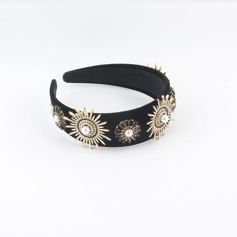 Serre-tête Large en Velours Vintage pour Femmes Avec Strass Perle Artificielle Tournesol Style Royal Accessoires de Fête