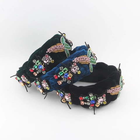 Cerchietto Largo in Velluto Intrecciato Vintage Con Strass Colorati Perline Ricamate Fascia per Capelli Ciondolo a Cuore Donna