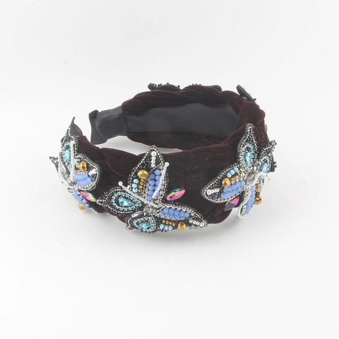 Diadema Trenzada de Terciopelo Vintage Con Decoración de Mariposa de Diamantes de Imitación Diadema Acolchada de Lujo para Mujer
