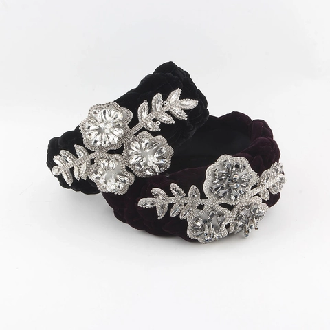 Serre-tête Large en Velours Tressé de Luxe Avec Fleur en Strass Feuille Style Palais Rétro pour Fête Mariage Femme