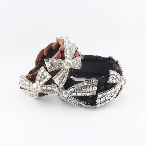 Cerchietto Intrecciato in Velluto di Lusso Per Donna Con Fiocco in Strass E Perla Artificiale Accessori Capelli