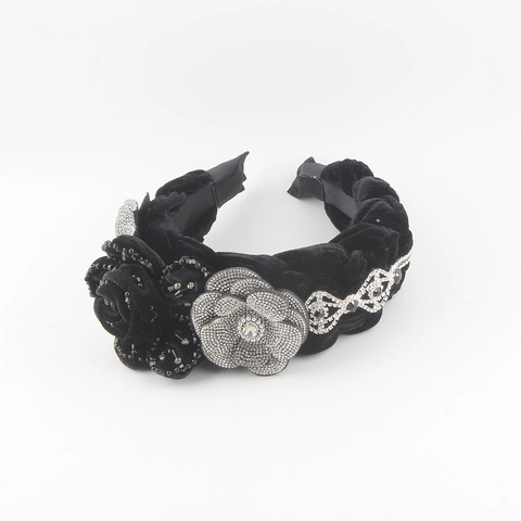 Diadema de Terciopelo Rosa Francesa Vintage para Mujer Elegante Lazo de Strass Banda Ancha para el Cabello Accesorios de Boda